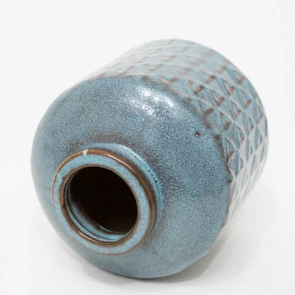 West Elm Pottery Ceramic Flower Vase Round Blue Beige Glazed 7" MCM Boho Decor - Picture 2 of 9